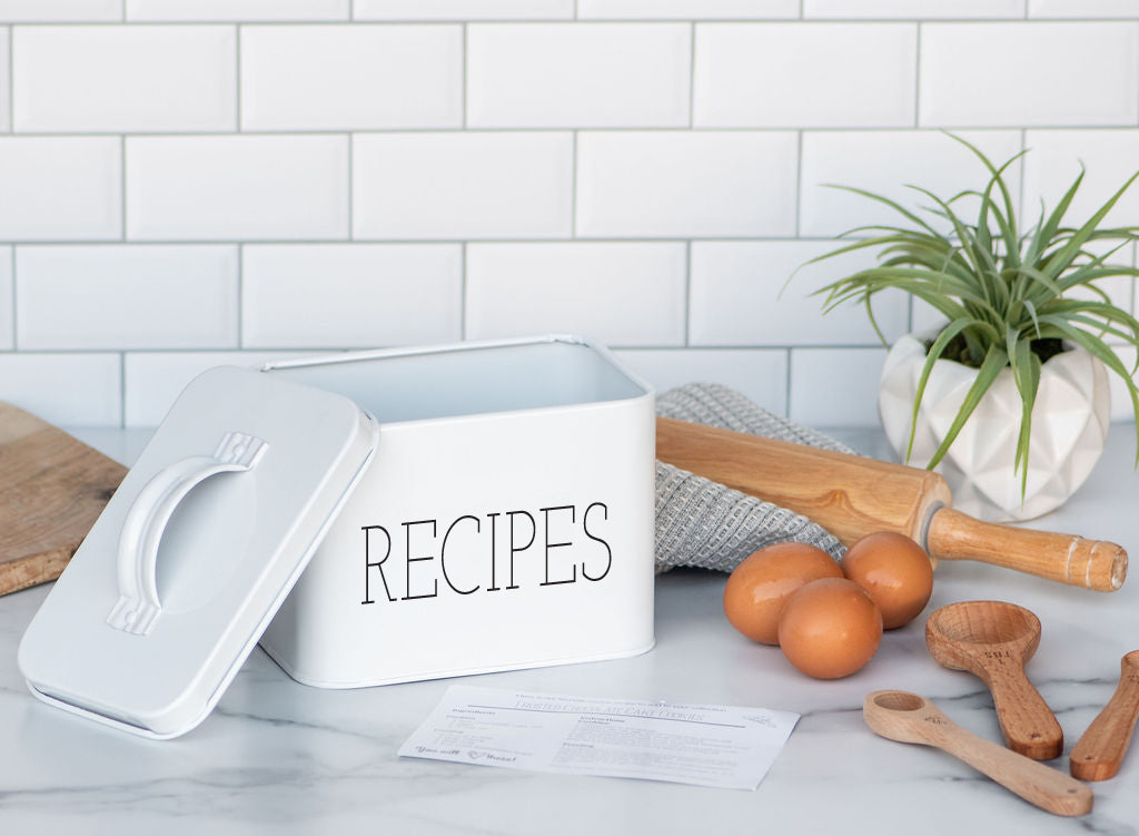 Galvanized Steel Modern Recipe Tin can provide a nice farmhouse accent to your kitchen or living space