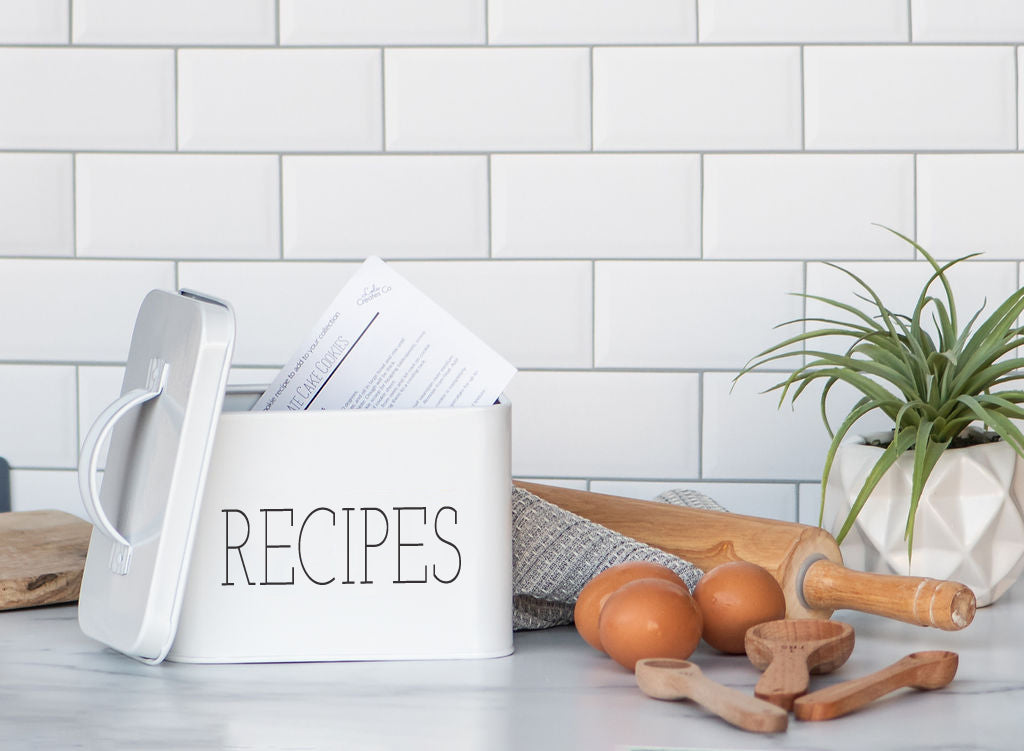 Galvanized Steel Modern Recipe Tin can provide a nice farmhouse accent to your kitchen or living space