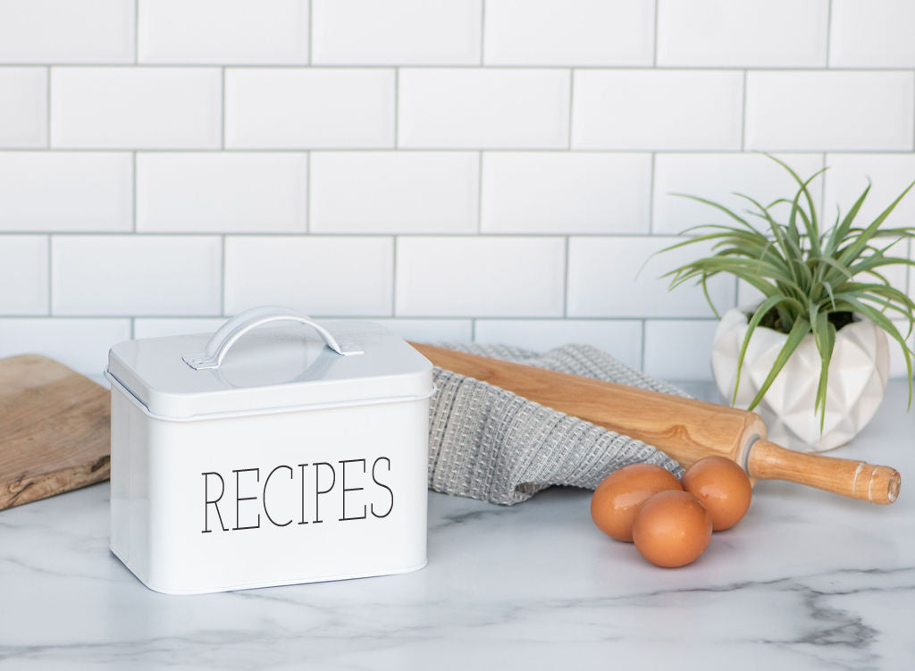 Galvanized Steel Modern Recipe Tin  Color: White - RECIPE is printed in BLACK Box Dimensions: 6” X 4” X 