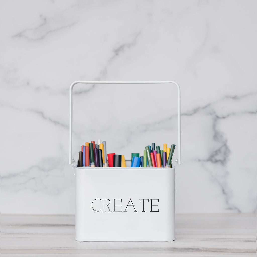  Galvanized Steel Modern Create Tin Box can be used as a pencil organizer, crafting storage box, sewing desk caddy, school supply organizer, or makeup brushes holder.