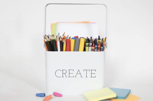 Modern Create Tin Box can be used as a pencil organizer, crafting storage box, sewing desk caddy, school supply organizer, or makeup brushes holder.