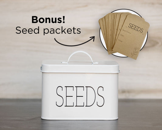 With free seed pockets Galvanized Steel Modern SEEDS Container features 2 compartments so you can easily organize your seeds or seed packets, protect them from humidity, keep them dry and safe away from kids or pets. you can also use it to store planting tools, plant labels, tea bags, screws, and much more. Color: White Box Dimensions: 6” X 4” X 4.5” Kitchen Storage, Garage, Laundry Room
